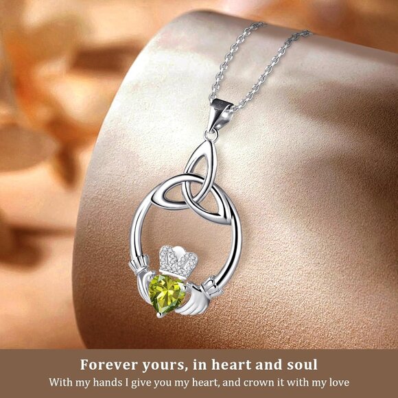 Sterling Silver Claddagh Necklace with Peridot Birthstone 18" Chain Gift for Wom - Picture 2 of 7